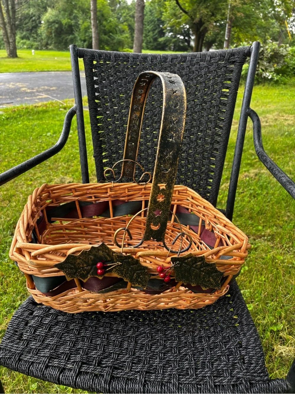 Rustic Wicker Basket with Black Handle and Berry Accents holiday Christmas